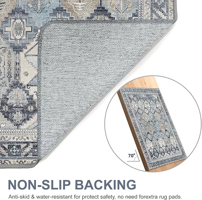 Bavni Washable Rug 8x10 Area Rug for Living Room Bedroom Dining, Washable Vintage Print Carpet, Ultra-Thin Chenille Low Pile Lightweight Rug with Non Slip Backing, Blue
