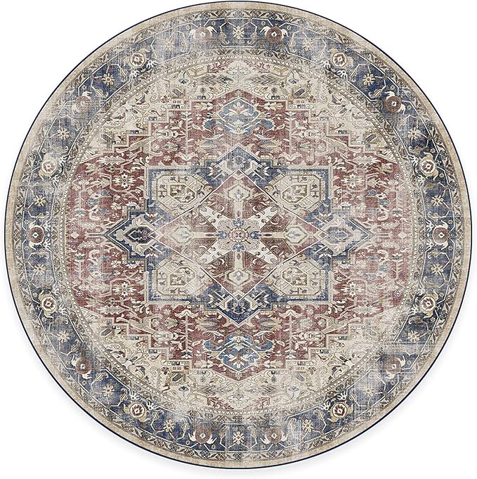 RUGGABLE Washable Vintage Area Rug – Kamran Royal Blue 6 ft Round, Stain-Resistant, Non-Slip – Medium Machine Washable Rugs for Living Room, Bedroom, Hallway, Entryway & Office–with Standard Pad