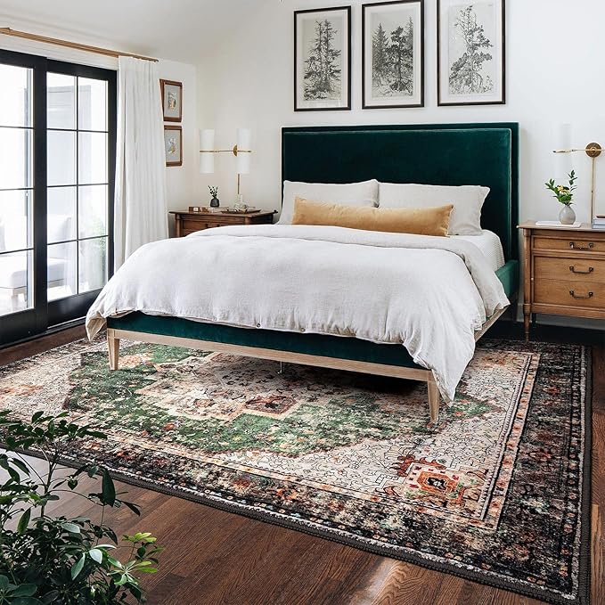 9x12 Area Rugs for Living Room Green Boho Washable Vintage Low Pile Non-Slip Large Carpet for Bedroom Dining Room