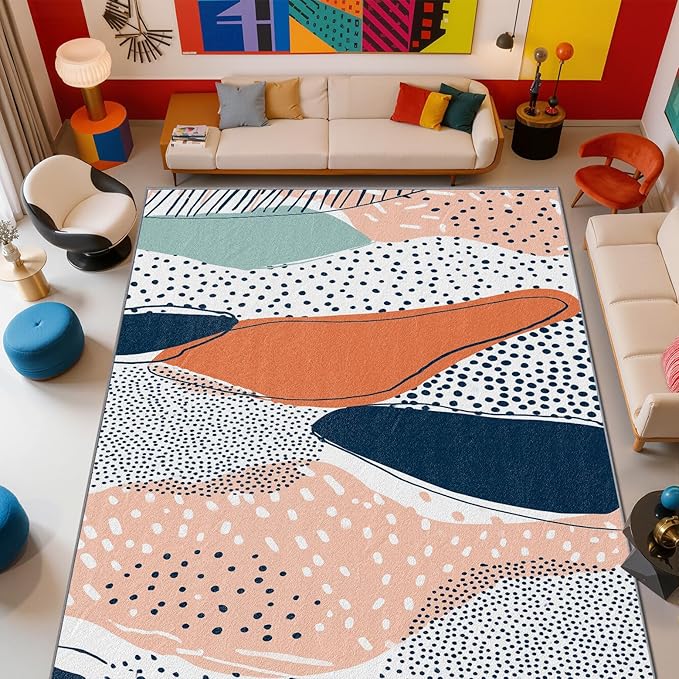 Boho Rug, Polka Dot Color Block Area Rug 6x8, Abstract Multicolor Low Pile Non Skip Carpets Home Decor #C048
