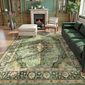 Green Rugs for Bedroom Area Rugs 7x9 Washable Rugs Boho Vintage Oriental Large Foldable Faux Wool Carpet for Living Room Nursery Room Dorm Kids Playroom Home Office