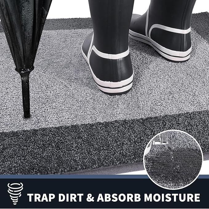 PURRUGS Dirt Trapping Door Mat 24" x 36", Non-Slip/Skid Machine Washable Entryway Rug, Shoes Scraper, Throw Rug, Super Absorbent Area Rug for Muddy Wet Shoes and Paws, Light Grey & Grey