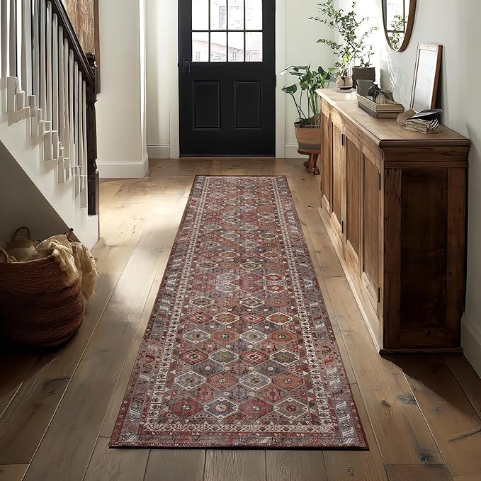 Kuden 2'6"x10 Runner Rug, Machine Washable Area Rug with Non-Slip Backing, Vintage Style, Soft, Easy Clean, Low Pile Rug for Hallway, Entryway, Kitchen, Bedroom