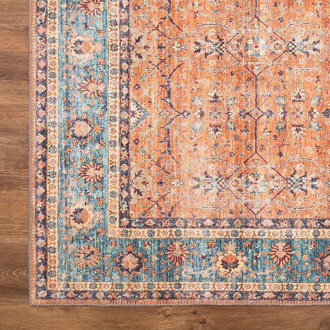 Bloom Rugs Washable Non-Slip 8' x 10' Rug - Orange/Teal Blue Traditional Bordered Area Rug for Living Room, Bedroom, Dining Room, and Kitchen - Exact Size: 8' x 10'
