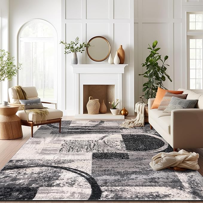 Rugshop Contemporary Circle Design Area Rug, Fade-Resistant Carpet for Bedroom, Dining Room, or Home Office, Cream, 6'6" x 9'