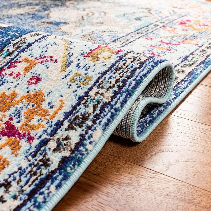 SAFAVIEH Monaco Collection Area Rug - 6'7" Square, Navy & Light Blue, Boho Chic Medallion Distressed Design, Non-Shedding & Easy Care, Ideal for High Traffic Areas in Living Room, Bedroom (MNC243N)