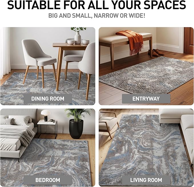 Rugshop Abstract Marble Shag Area Rug Blue 4' x 6' Ideal for Small Living Rooms, Offices, or Beside The Bed