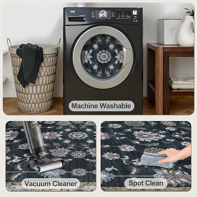 Tangsoo Black 8x10 Washable Area Rugs for Living Room, Floral Vintage Indoor Non Slip Large Area Rugs, Print Carpet Soft Low Pile Foldable Floor Rug for Bedroom Dining Room Dorm