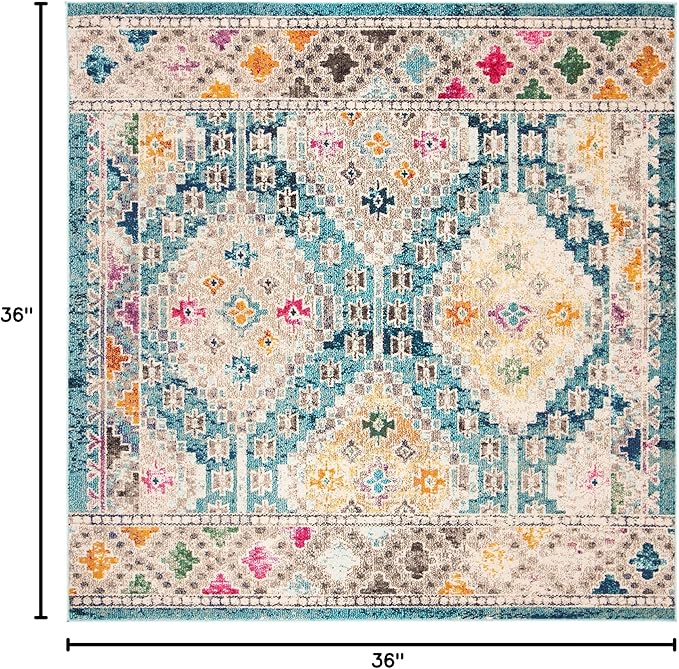 SAFAVIEH Madison Collection Area Rug - 3' Square, Dark Blue & Yellow, Boho Diamond Distressed Design, Non-Shedding & Easy Care, Ideal for High Traffic Areas in Living Room, Bedroom (MAD418N)