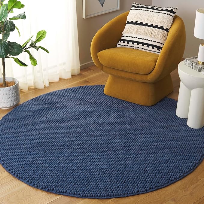 SAFAVIEH Natura Collection Area Rug - 6' Round, Navy & Blue, Handmade Wool Blend, Textured Design, Ideal for Living Room, Bedroom, Dining Space (NAT620M)