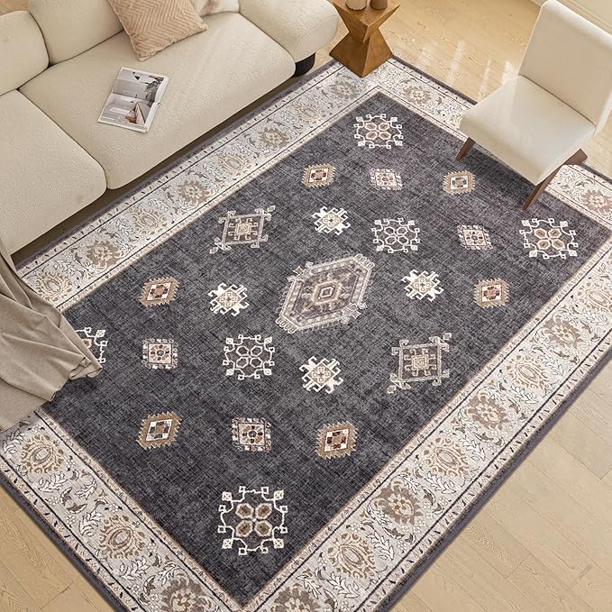 ILANGO Washable Area Rugs 5x7 for Living Room Vintage Area Rugs Non Slip Boho Dining Room Rugs for Under Table Ultra-Thin Low-plie Floor Carpet for Bedroom Farmhouse