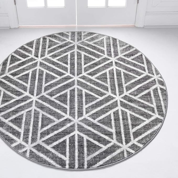 Rugs.com Lattice Trellis Collection Rug – 5 Ft Round Gray Low-Pile Rug Perfect for Kitchens, Dining Rooms