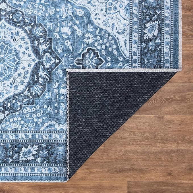 Bloom Rugs Caria Washable Non-Slip 4x6 Rug - Blue Traditional Area Rug for Living Room, Bedroom, Dining Room, and Kitchen - Exact Size: 4' x 6'