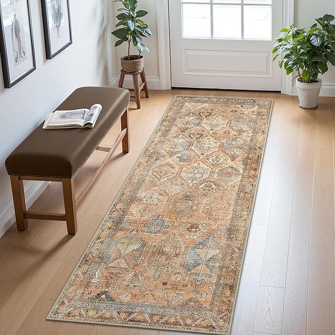 Bavni Washable Rug 5x7 Area Rug for Living Room Bedroom Dining, Washable Vintage Print Carpet, Ultra-Thin Low Pile Lightweight Rug with Non Slip Backing, Sunset Yellow
