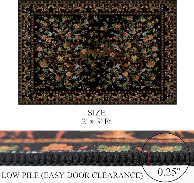 Door Mat Entryway Rug 2x3, Machine Washable Non-Slip Small Area Rug, Boho Floral Low Pile Throw Rugs for Entrance, Front Door, Entry, Kitchen, Kids Room（Black）