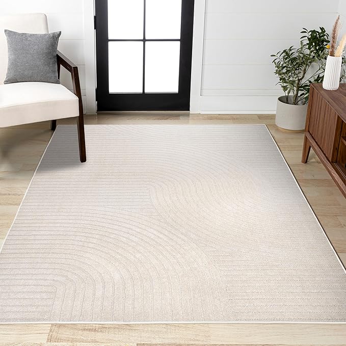 JONATHAN Y Hallie High-Low Curve Ivory/Cream Indoor/Outdoor Area Rug, 5x8, Minimalist, Pet Friendly, Non-Shedding, Stain Resistant, Hose-Washable for Backyard, Patio, Porch (SCN100B-5)