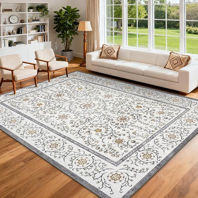 GarveeHome Boho 6x9 Area Rug for Living Room, Floral Vintage Rugs for Bedroom with Soft Low Pile, Non Slip Stain Resistant Botanical Washable Rug 6x9 for Dining Room Grey Carpet for Dorm Office