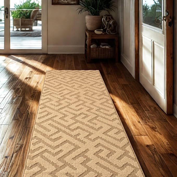7ft Custom Cut Runner Rug for Narrow Hallways Kitchens - Gold Tan | Non-Slip | Washable & Edge Bound
