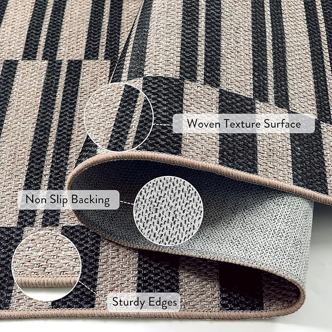 Lahome Striped Easy Jute Rug, 3x5 Outdoor Patio Porch Rug Washable Rugs for Entryway, Indoor Outdoor Living Room Carpets, Farmhouse Neutral Non Slip Black Carpet for Backyard Bedroom RV