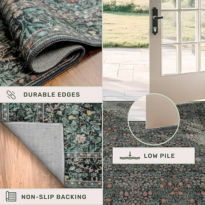Dark Green 2x7 Long Washable Runner Rug Non Slip, Throw Rugs Runners for Kitchen Hallways Entryway Bathroom Laundry Room, Floor Mat Vintage Floral Carpet Low Pile Stain Resistant