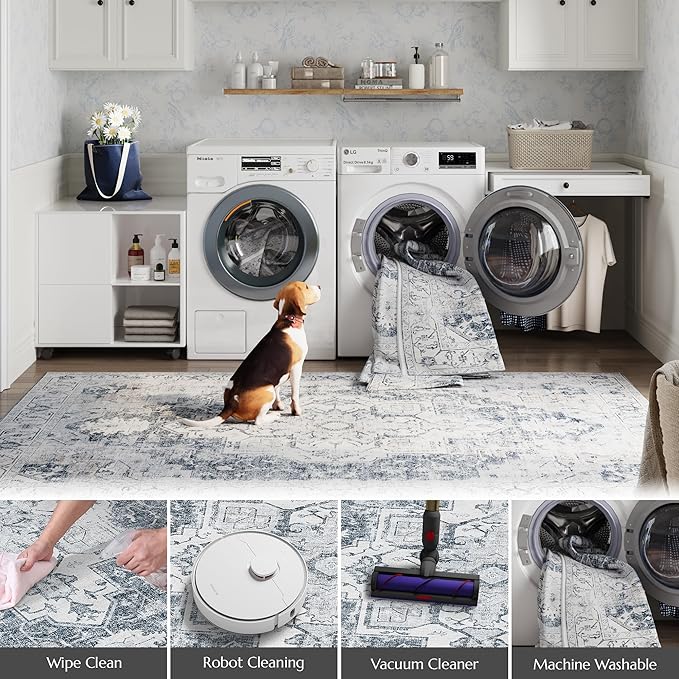 jinchan Kelda Runner Rug 3x8 Vintage Hallway Rug Kitchen Washable Runner Retro Floor Cover Lightweight Non-Slip Low Pile Thin Distressed Carpet for Entryway Bathroom Laundry Room Bedroom Stairway Grey