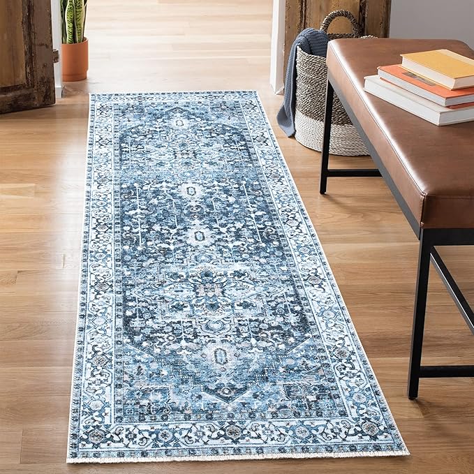 Bloom Rugs Caria Washable Non-Slip 12 ft Runner - Navy Blue Traditional Runner for Entryway, Hallway, Bathroom, and Kitchen - Exact Size: 2'6" x 12'