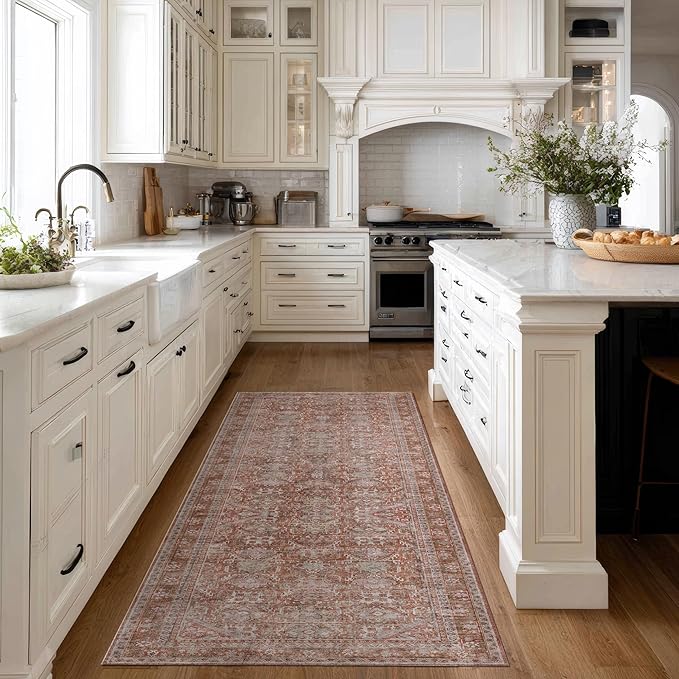 Kuden 2'6"x7' Runner Rug, Machine Washable Area Rug with Non-Slip Backing, Vintage Style, Soft, Easy Clean, Low Pile Rug for Hallway, Entryway, Kitchen, Bedroom