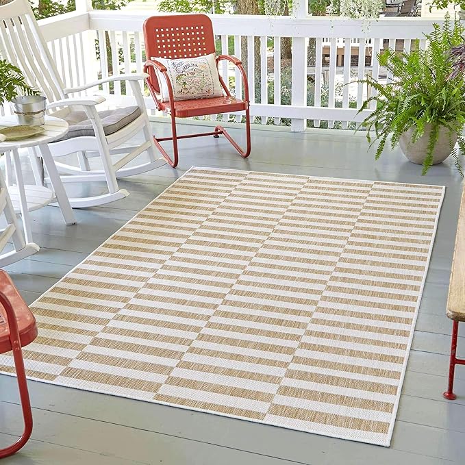 Unique Loom Outdoor Striped Collection Area Rug - Striped (5' 1" x 8' Rectangle, Taupe/Ivory)