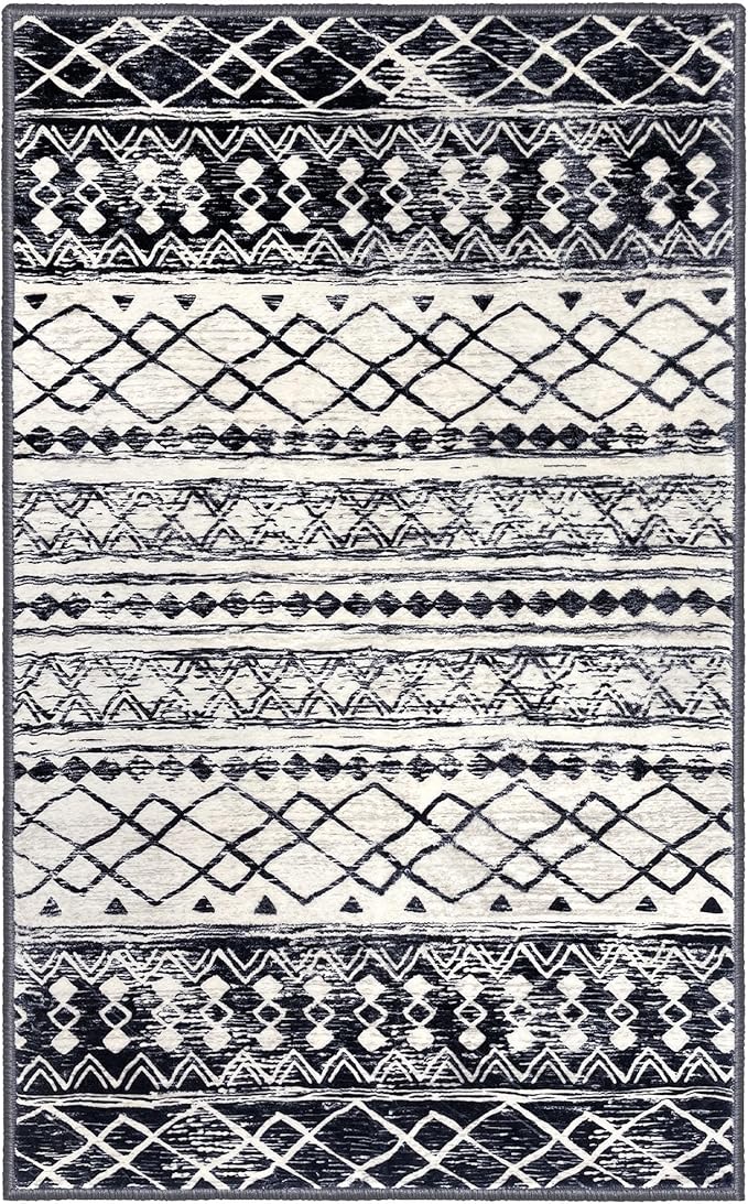 KUTA 4x6 Rug Boho Rugs for Living Room, Moroccan Washable Kitchen Rug Non Slip, Black Navy Blue Ultra Soft Print Geometric Entry Low-Pile Throw Carpet for Bedroom Nursery Dorm Decor