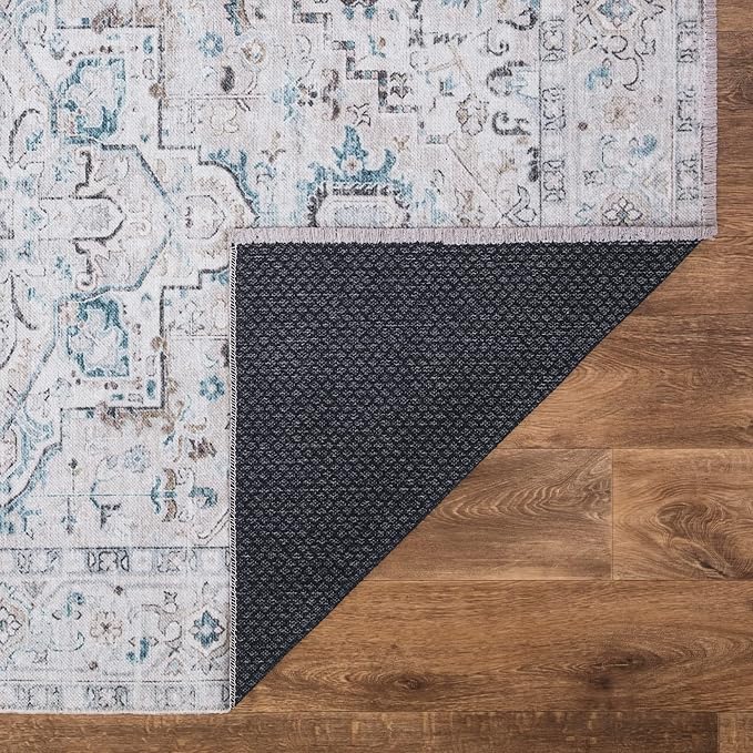 Bloom Rugs Caria Washable Non-Slip 4x6 Rug - Seashell/Teal Blue Traditional Area Rug for Living Room, Bedroom, Dining Room, and Kitchen - Exact Size: 4' x 6'