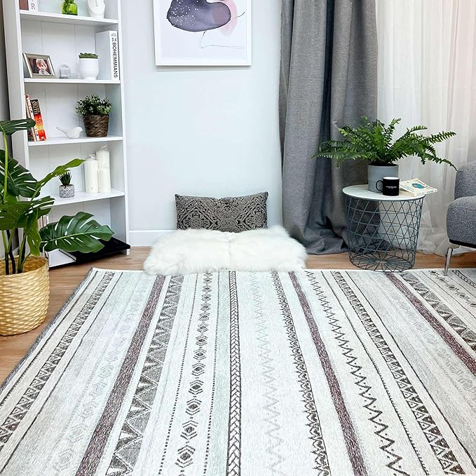 Alfa Rich 7x10 Gray Off White Washable Area Rugs for Living Room Bedroom Kitchen Decor Cotton Rug