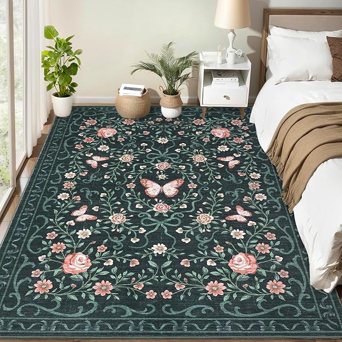 GarveeHome 3x5 Small Area Rug for Bedroom Floral Washable Rugs Non Slip Stain Resistant Living Room Throw Carpet Low Pile Dining Room Black Area Rug Butterfly Bow Rugs for Nursery Home Decor, 3x5
