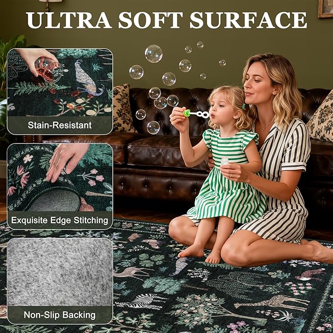 5x7 Area Rugs Living Room Rug: Vintage Washable Rug Floral Soft Carpet Indoor Floor Non-Slip Boho Stain Resistant Large Carpets for Bedroom Kids Nursery Dining Room Farmhouse Home Office Green