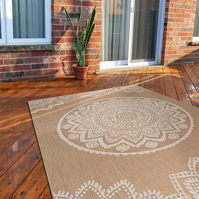 CAMILSON Outdoor Rug 10x14 Modern Area Rugs for Large Indoor and Outdoor Patios and Porches - Washable, Non-Shedding, Easy-to-Clean Outside Carpet (10 x 14, Medallion - Beige/White)