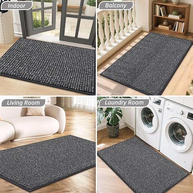BEQHAUSE Dirt Trapper Door Mat 17" x 30", Non-Slip Doormats (Rolled-Up NO Creases) Washable Entryway Rug, Dirt Resist and Absorbent Welcome Mat, Low Profile Floor Mats for Front Back Door, Charcoal