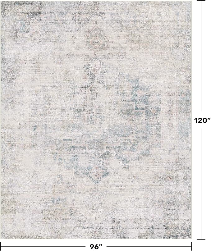 Farmhouse Dining Room Rugs for Under Table - 8x10 Washable Light Blue Area Rug for Living Room, Bedroom, Waterproof & Stain Resistance