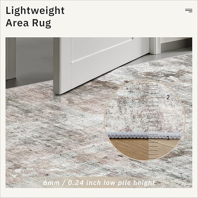 6x9 Abstract Area Rugs for Living Room 6 x 9 Washable Grey Pink Non Slip Low Pile Rugs for Bedroom Dining Room Foldable Thin