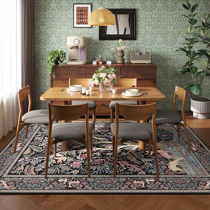 Rugcomf Area Rugs 5x7 Vibrant Tree of Life-Patterned Vintage Washable Area Rug Non Slip Low Pile Large Rugs for Living Room Bedroom Farmhouse Dining Room Kids Playroom, Black