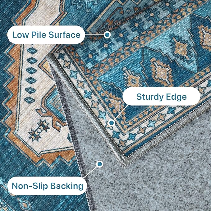 GENIMO Machine Washable 8x10 Area Rugs for Living Room, Non Slip Vintage Rugs, Low Pile Lightweight Chenille Print Rug for Bedroom, Dining Room, Home Office, Navy/Brick