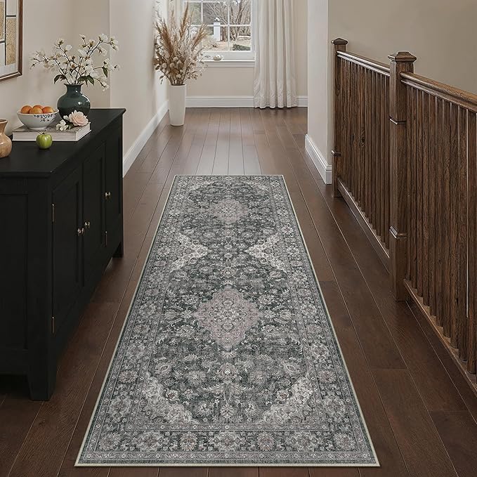 HUGEAR 2x6 Runner Rug Hallway Machine Washable Retro Black Vintage Floral Low Pile Carpet Distressed Long Throw Rug Bedroom Office Bathroom Kitchen Laundry Non Slip Soft Lightweight