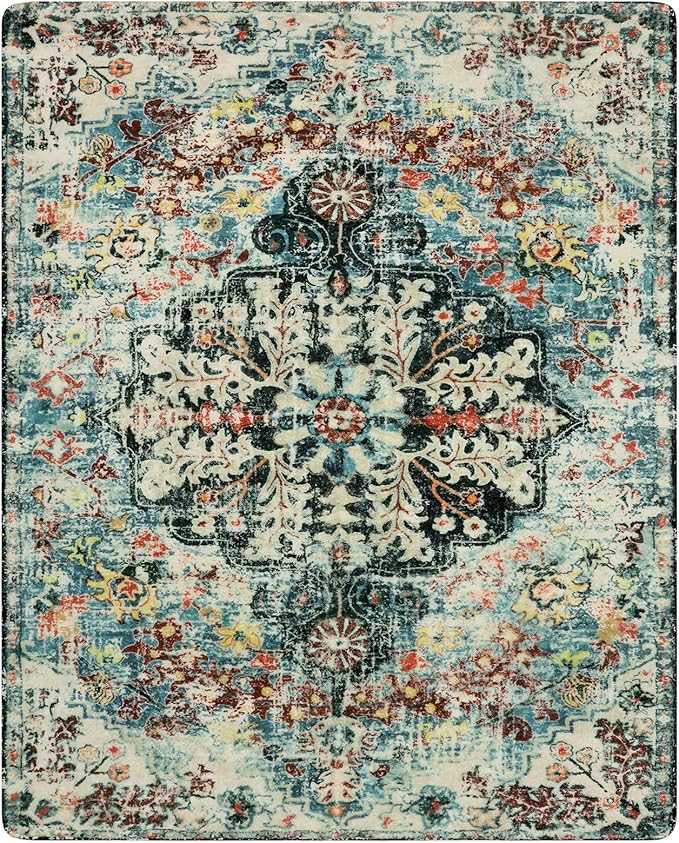 Lahome Bohemian Floral Medallion Area Rug - 5x7 Teal Large Washable Rugs for Living Room Soft Rugs for Bedroom, Turkish Non Slip Indoor Throw Carpet for Apartment Dining Room Entry Way