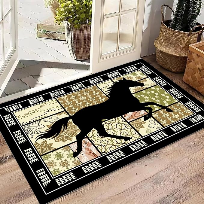 Western Horse Print Rugs 4x6ft,Boho Floral Area Rug, Botanical Print Low Pile Carpet, Stain-Resistant & Machine Washable Non-Slip Mat for Living Room, Bedroom, Dining Room