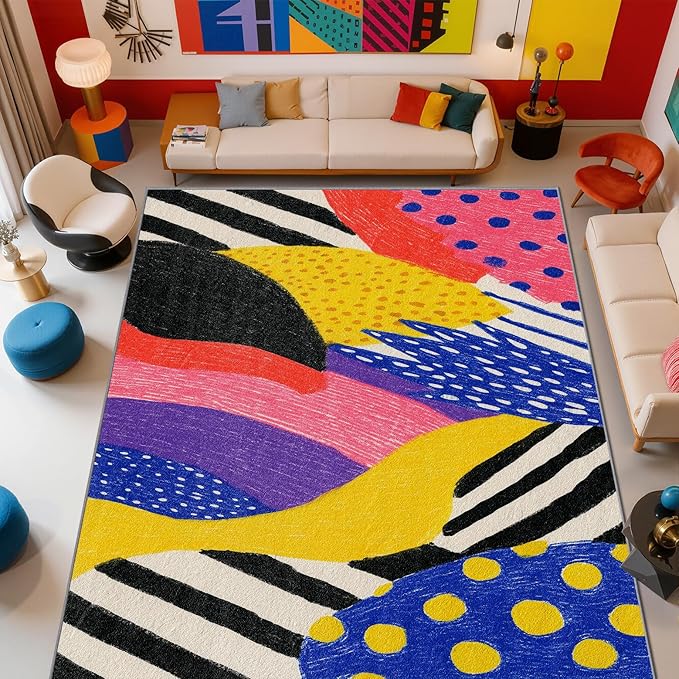Pop Art Rugs for Bedroom - Colorful Abstract Area Rug 5x8, Hippie Aesthetic Funky High Traffic Anti Slip Carpets Home Decor #C008