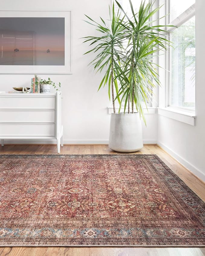 Loloi Layla Collection LAY-01 Brick/Blue 2'-6" x 9'-6" .13" Thick Runner Rug, Soft, Durable, Vintage Inspired, Distressed, Low Pile, Non-Shedding, Easy Clean, Printed, Living Room Rug