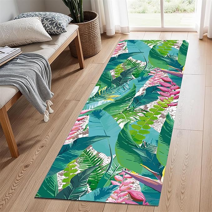 Tropical Rug Runner 2x10ft - Non-Slip Durable Floral Leaf Pattern Carpet for Hallway, Stairs, Entryway, Easy Clean Floor Decor