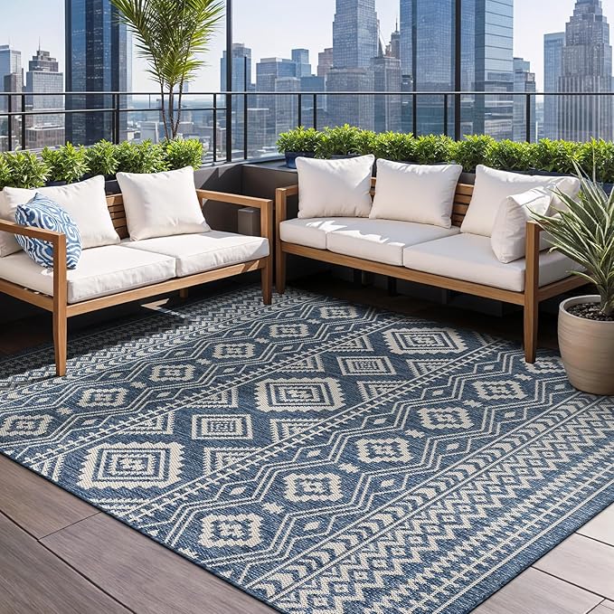 Beverly Rug Waikiki Boho Indoor Outdoor Rug 5x7, Washable Outside Carpet for Patio, Deck, Porch, Bohemian Area Rug, Farmhouse Rugs, Aztec Tribal Rug, Azure and White