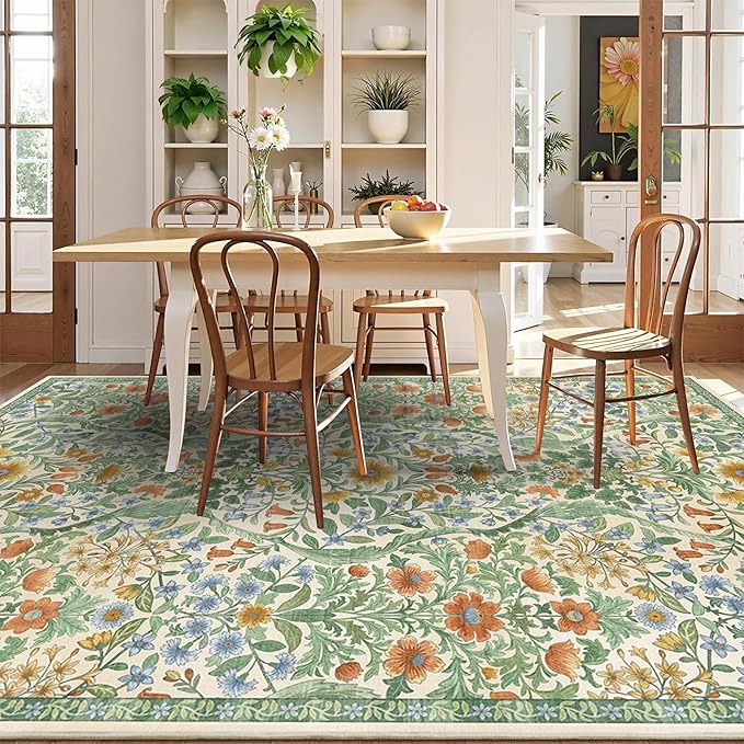Floral Washable 6x9 Area Rug，Grass Green Boho Rugs for Living Room, Soft Low-Pile Non-Slip Stain Resistant & Non-Shedding Carpet for Bedroom, Dining Room, Office, Entryway, Nursery