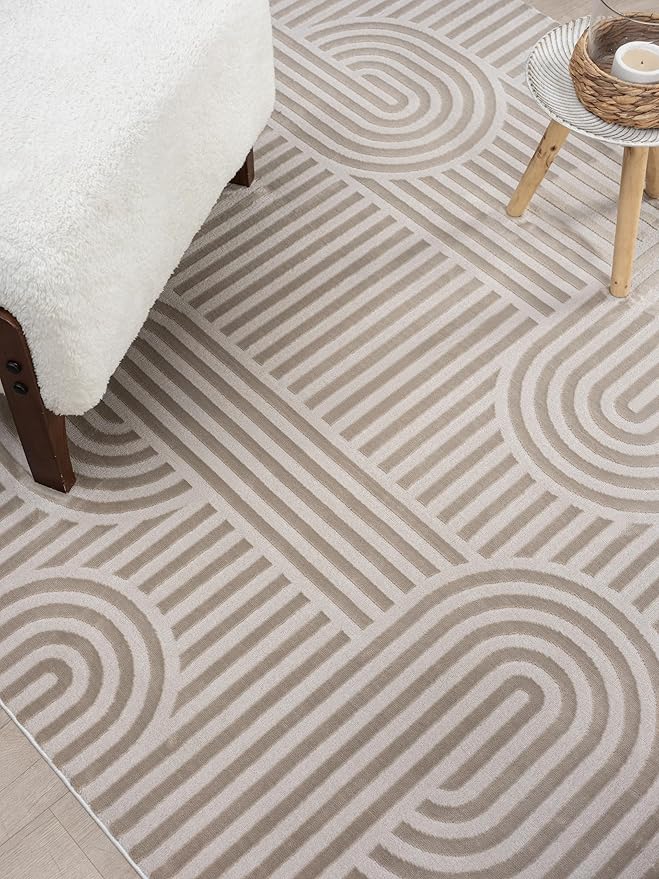 Annabel Modern Geometric Area Rug for Living Room, 6x9 Contemporary Arched Linear Beige Neutral Rug, Stain Resistant Non-Shedding Carpet for Bedroom, Dining Room or Kitchen (6' x 9', Beige)