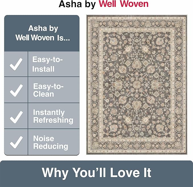 Well Woven Asha Rome Charcoal Brown 6' x 9' Area Rug - Oriental Floral Pattern, Easy Clean, Floor-Friendly Backing - for Living Room, Bedroom, and Dining Room
