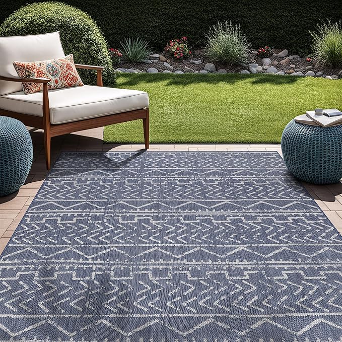 Beverly Rug Waikiki Indoor Outdoor Rug 6x9, Washable Outside Carpet for Patio, Deck, Porch, Trellis Area Rug, Water Resistant, Blue - White
